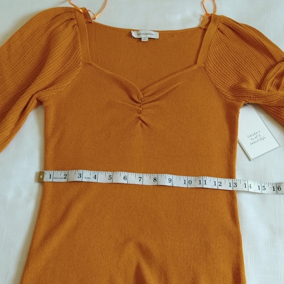 Mustard balloon sleeves knit pullover top wool blend sweetheart neck size small - Picture 9 of 11